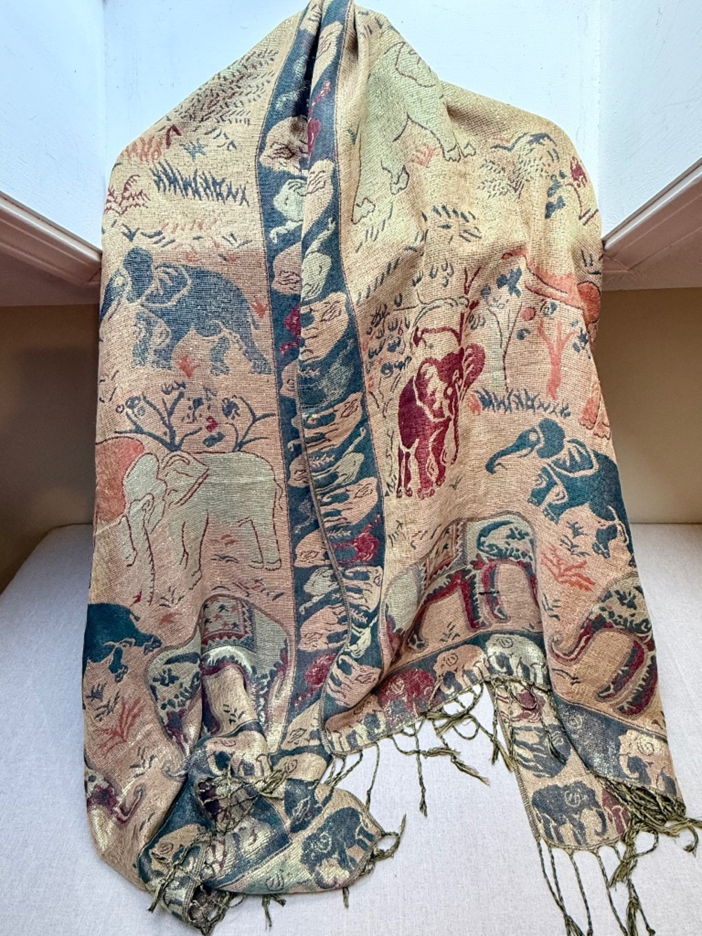 100% Cashmere Pashmina Gold and Green Elephant Print Wrap Shawl Scarf